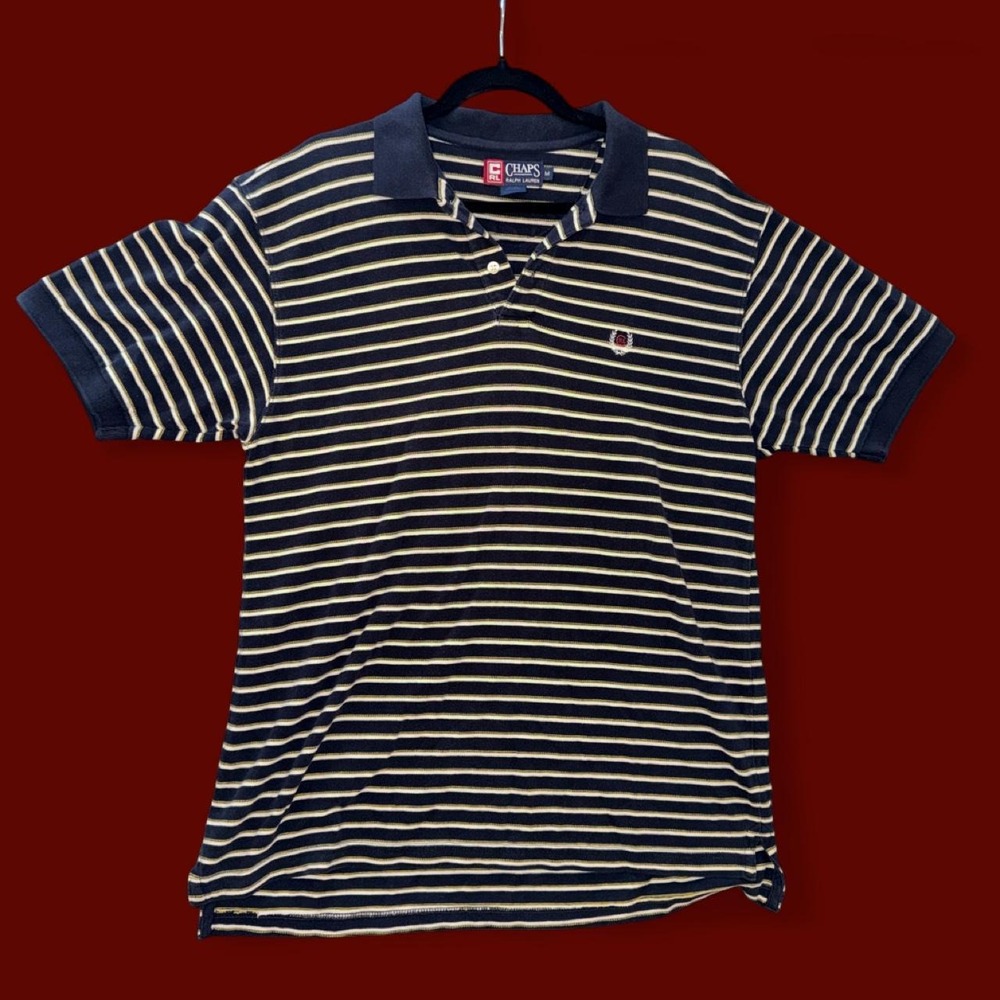 Chaps Ralph Lauren Navy Striped Polo Shirt Men's Medium Vintage Preppy